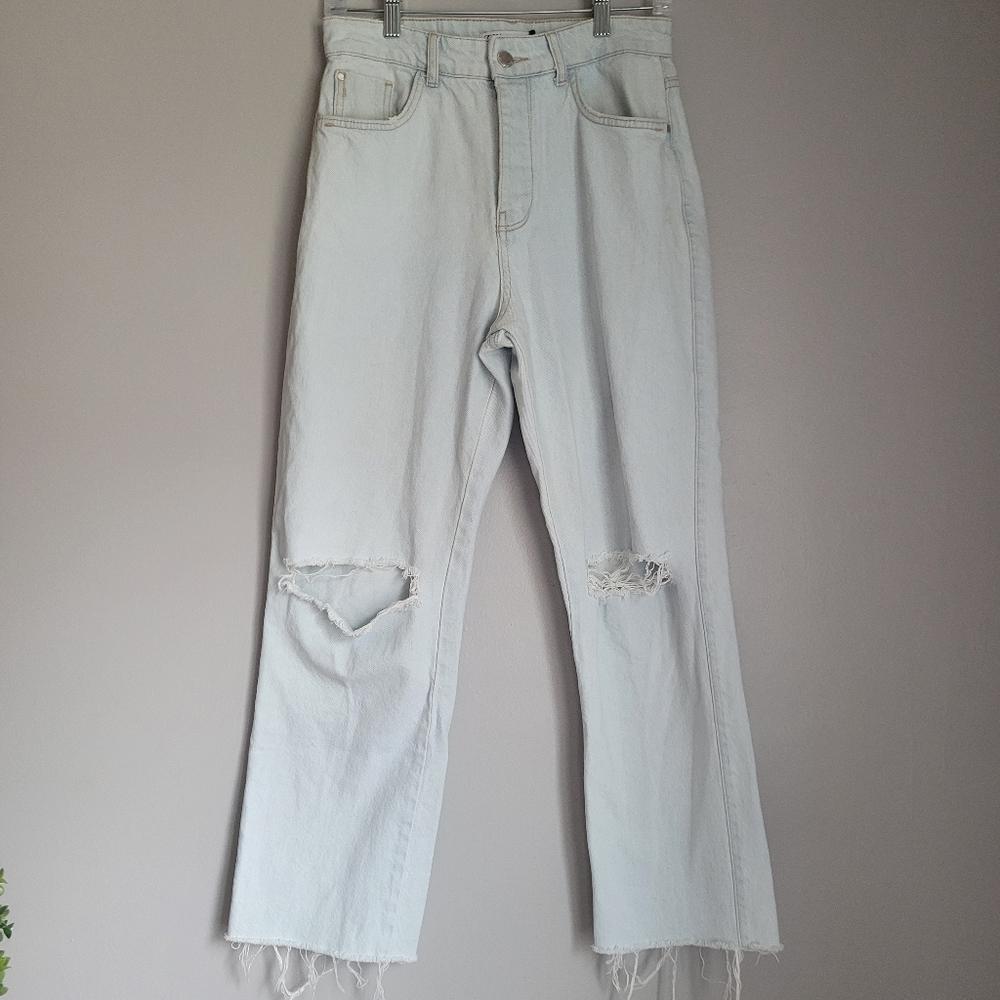 Zara High Rise Light Wash Ripped Baggy Fit Jeans Sz 6